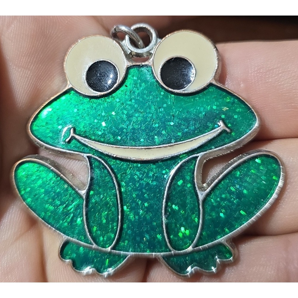 Green Glitter Frog Charm Pendant Silver Tone Whimsical Animal Jewelry/ key chain